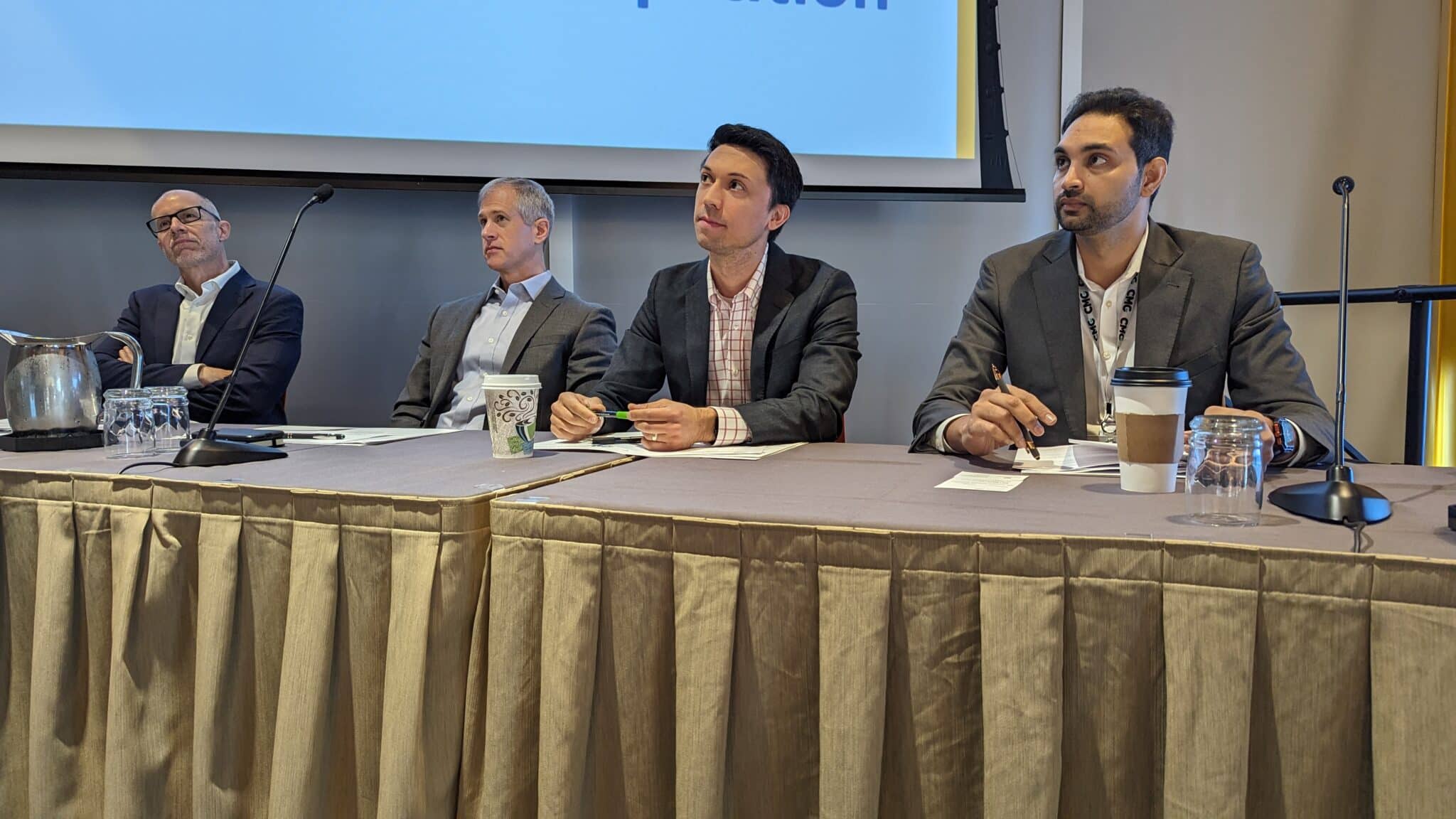 The ATCE startup judging panel listens as companies pitch investors. – Photo by ACCELERATE