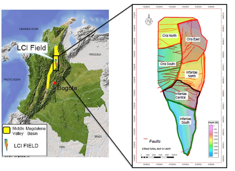 Figure 2: LCI oilfield location map in Colombia and field layout with fault blocks